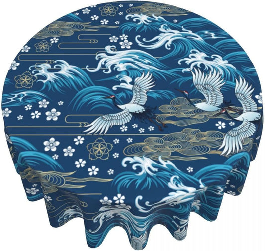 Japanese Tablecloth, Blue Traditioanal Chinese Landscape Great Waves Oriental Vintage Cherry Blossom Water Resisitant Table Cover for Dining Kitchen Living Room Home Party Holiday Decor 36 inch Round