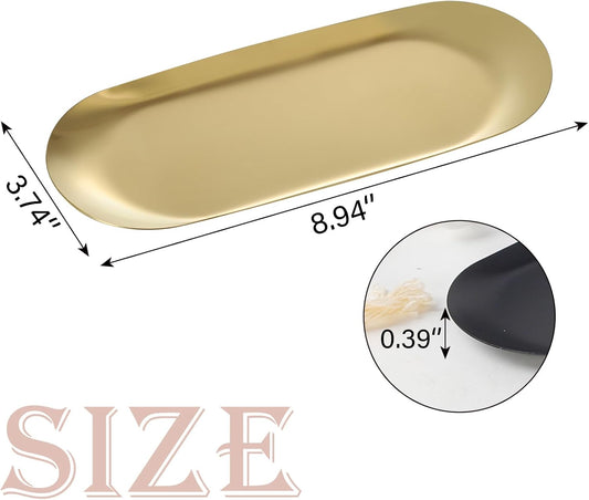 IBWell 2 pcs Gold Decorative Serving Tray for Bathroom, Small Jewelry Tray, Long Tray, Gold Jewelry Tray, Jewelry Bowl Dish Decorative Bathroom Tray-8.9”