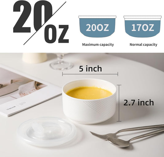 Ceramic Bowls with Lids: 20 oz Microwave Safe Food Storage Containers for Soup, Salad, Cereal, Leftovers, Meal Prep, Lunch, Picnic, Camping, Serving - Airtight, White, Set of 4
