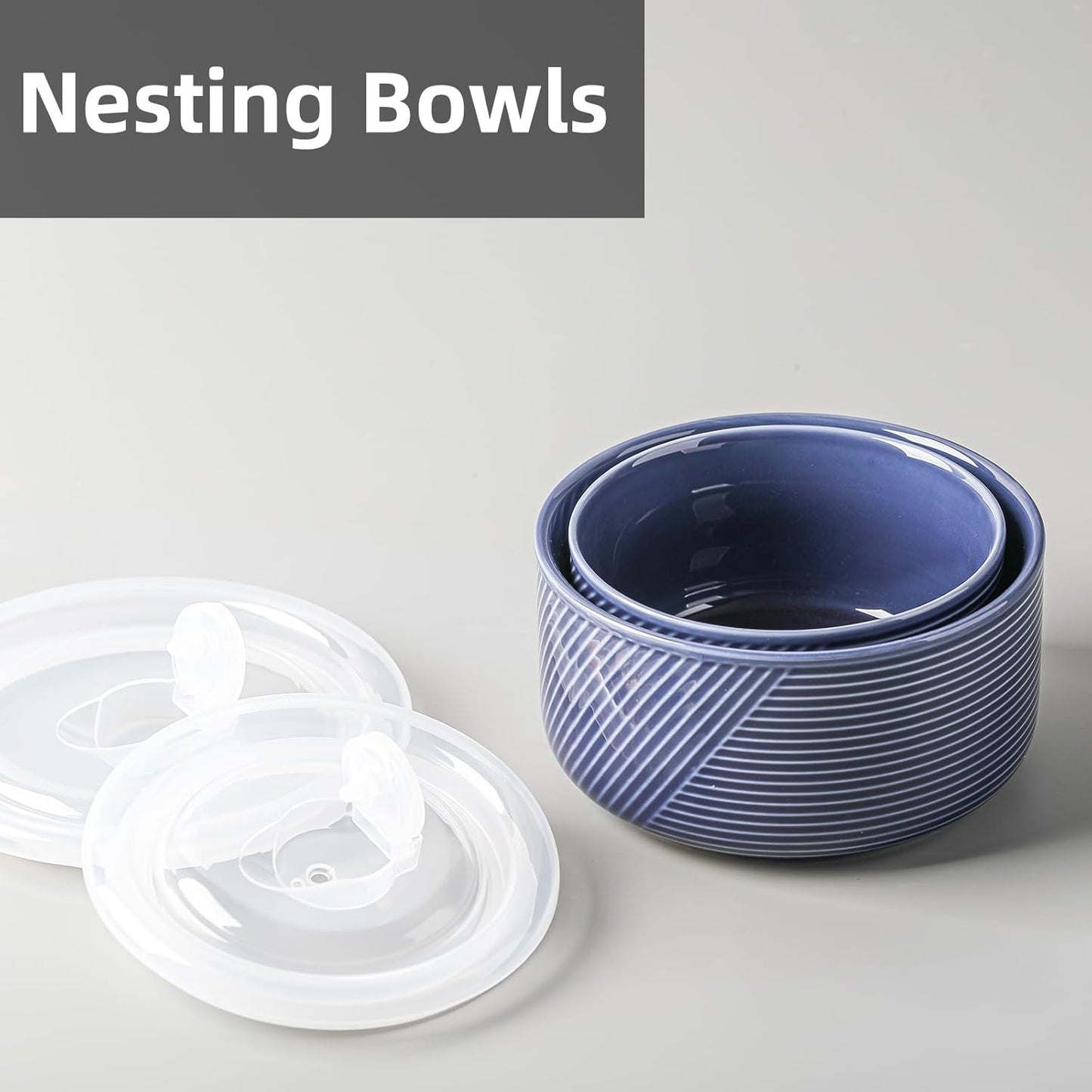 Ceramic Nesting Bowls with Lid: Microwave Safe Food Storage Containers for Work Lunch Picnic Camping Meal Prep Soup Salad Cereal Leftovers - 5 & 6 Inch, 20 & 32 oz, Set of 2, Navy