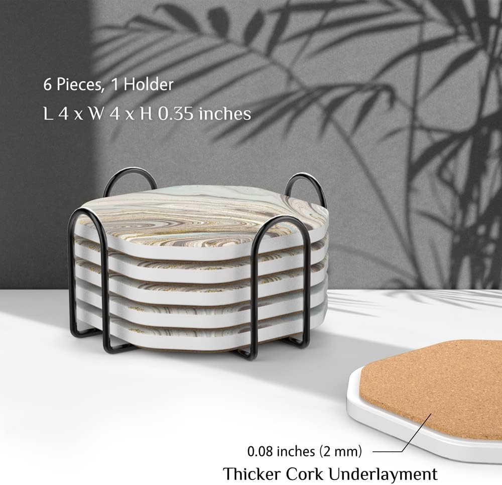 UMIRRO Ceramic Stone Coasters for Drinks Absorbent with Holder for Wooden Coffee Table, Stoneware Cup Coasters for Iced Cold or Hot Drinks, Moisture Socking, Marble Style, 4", Colorful, Gold, 6-Piece