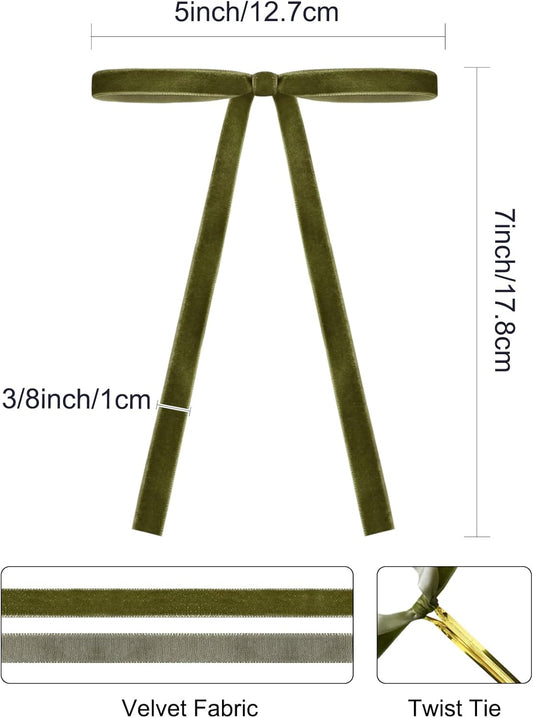 SIMISI RIBBON 24Pcs Olive Green Christmas Velvet Ribbon Bows Decorations Xmas Ornaments Vintage Decor for Tree, Wreath, Garland (3/8'' Width, 5 * 7 inch)