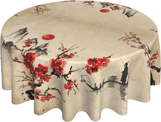 Cherry Blossom Tablecloth, Traditioanal Japanese Landscape Oriental Chinese Floral Vintage Water Resisitant Wipeable Table Cover for Dining Kitchen Living Room Home Party Holiday Decor 36 inch Round