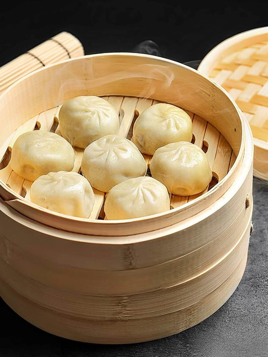 10 Inch Bamboo Steamer Basket, 2 Layers Handmade Bamboo Dumpling Steamer, Lightweight Food Steamers Baskets Eco-Friendly for Steaming Dumplings Vegetables Fish Rice Bao Bun, Dim Sum
