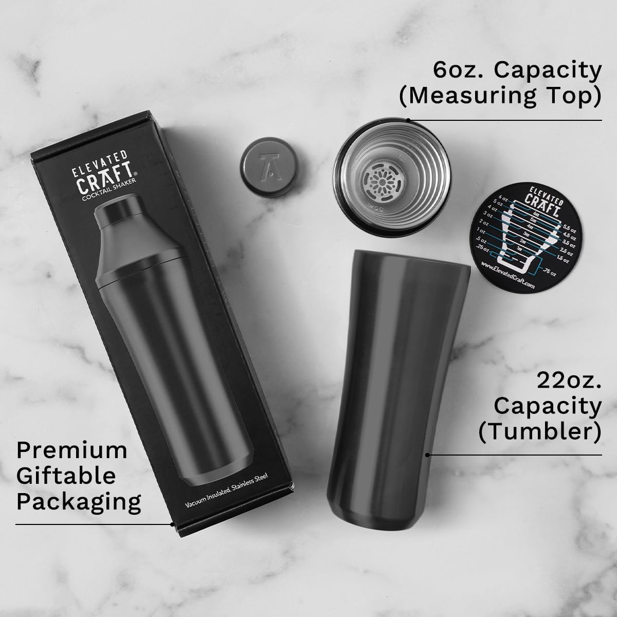 Elevated Craft Hybrid Cocktail Shaker - Premium Vacuum Insulated Stainless Steel Gunmetal Cocktail Shaker - Innovative Measuring System - Martini Shaker for the Home Bartender - 28oz Total Volume