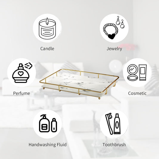 Vanity Tray Makeup Organizer Cosmetics Storage Bathroom Skincare Organizer Countertop Display Rack in Dresser Stainless Steel Shelf Marble Print Ceramic Trays
