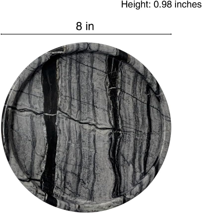Travertine Tray, Small Ceramic Vanity Tray for Bathroom Counter Decor, Round Marble Decorative Trays for Coffee Table (Grey Black, Medium Size)