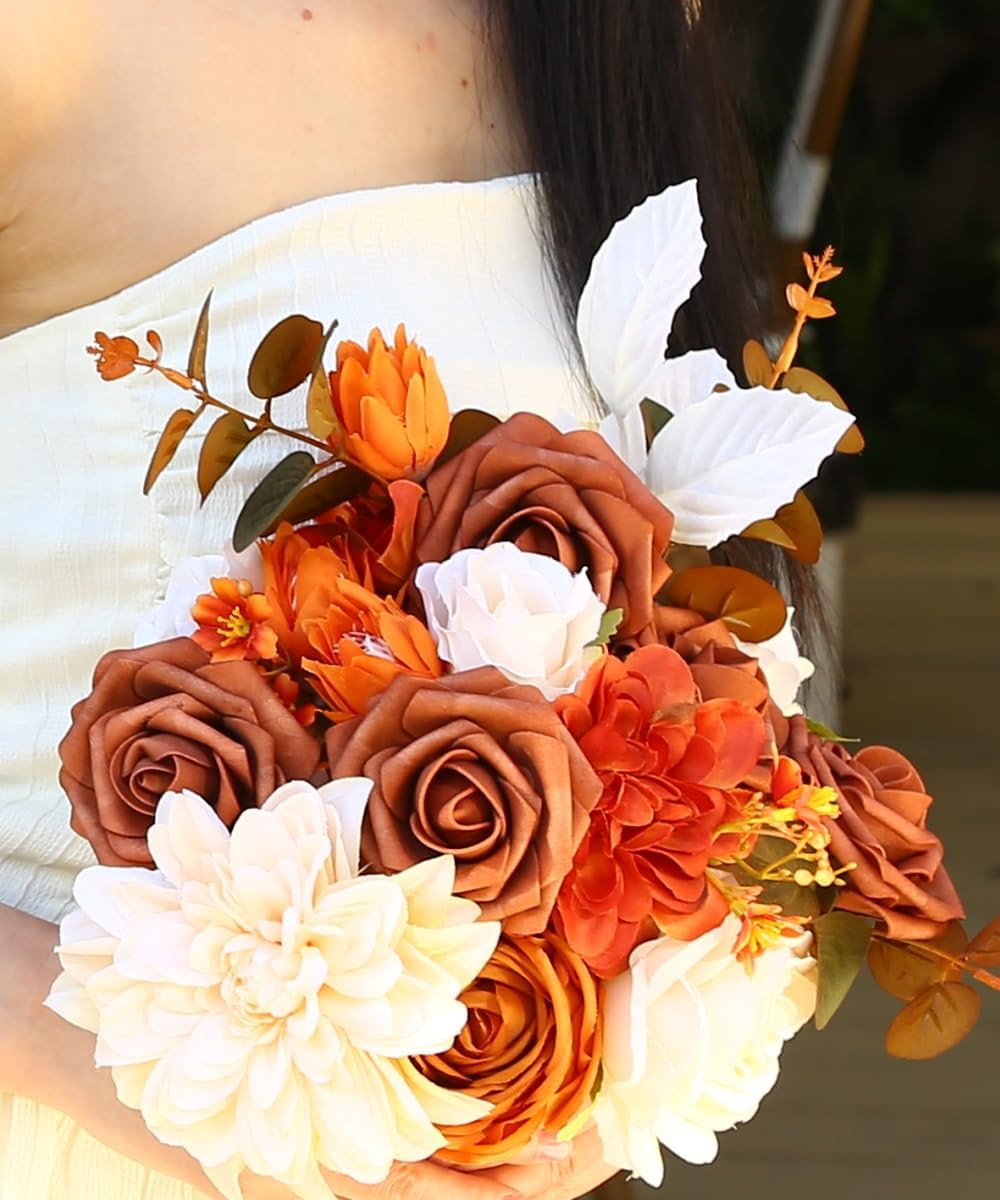 Artificial Flower Box Set Silk Flowers Rose Faux Flowers with Stems for DIY Bridal Wedding Bouquets Centerpieces Arrangements Table Decor Baby Shower Party Home Decor (Chic Terracotta Rust)