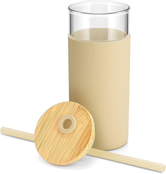 Tronco 20 oz Glass Tumbler with Lid and Straw, Iced Coffee Cup and Smoothie Cup with Bamboo Lids & Protective Silicone Sleeve, Dishwasher Safe, BPA-Free, Glass Cup 1 Pack