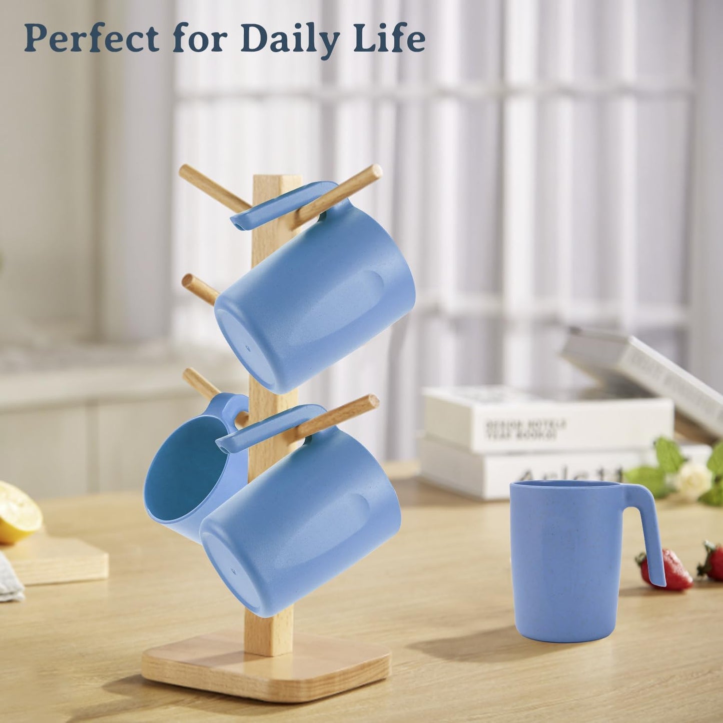 Wrova 16oz Wheat Straw Cups with handles set of 6-Plastic Cups Reusable-Unbreakable Kids Mugs-Dishwasher Safe & Microwave Safe-Ideal Plastic Mugs for Tea,Coffee,Camping,RV-Sky Blue