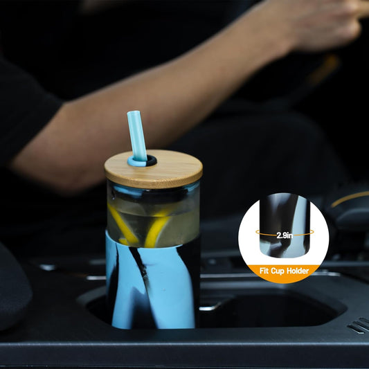 Tronco 20 oz Glass Tumbler with Lid and Straw, Iced Coffee Cup and Smoothie Cup with Bamboo Lids & Protective Silicone Sleeve, Dishwasher Safe, BPA-Free, Glass Cup 1 Pack