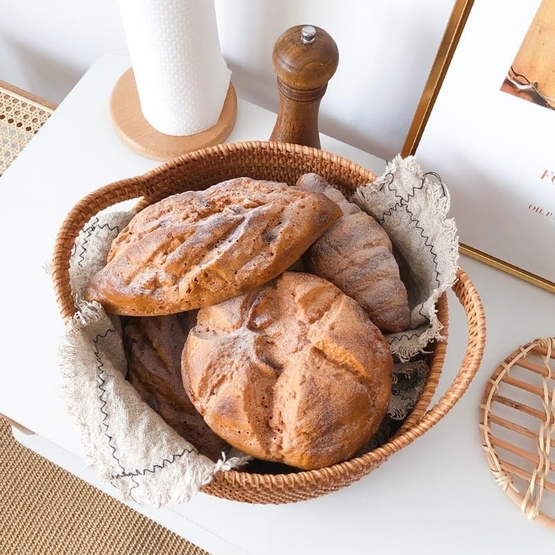 Rattan Storage Basket, Hand Woven Fruit Basket with Handles, Wicker Serving Basket, Bread Basket, Decorative Baskets for Organizing, Set of 2