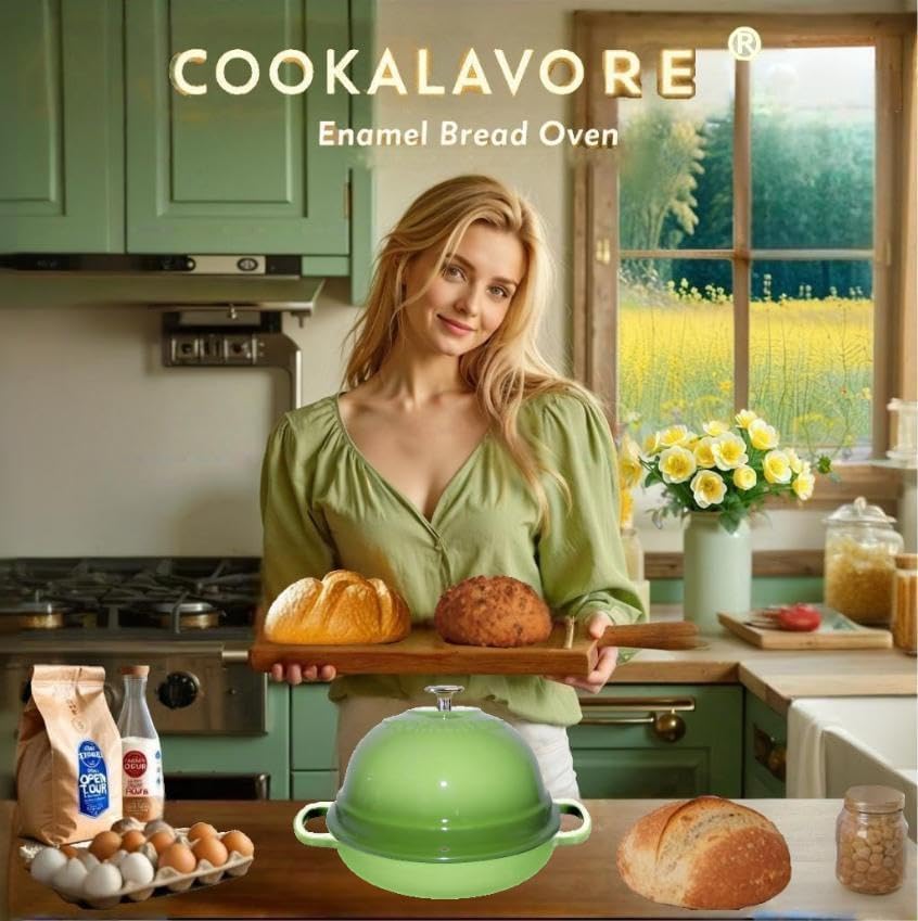 Dutch Oven for Bread Baking,6 Quart Enamel Bread Oven for Sourdough,10.5"Bread Oven with Lid,Bread Pans for Homemade Bread,Green Thick Enamel Bread Pan-with Silicone Baking Mat&Recipe,Gifts for Family