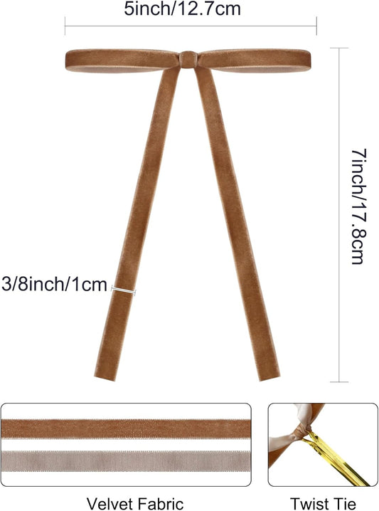 SIMISI RIBBON 24Pcs Camel Christmas Velvet Ribbon Bows Decorations Xmas Ornaments Vintage Decor for Tree, Wreath, Garland (3/8'' Width, 5 * 7 inch)