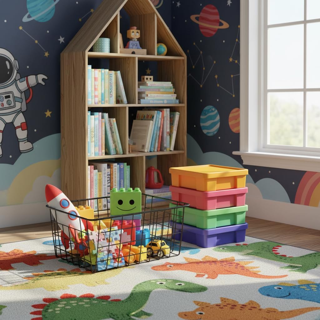 Kitchen Wire Baskets Farmhouse Decor Metal Food Storage Organizer, Household Refrigerator Bin with Built-in Handles for Cabinets,Pantry Set of 2 Black