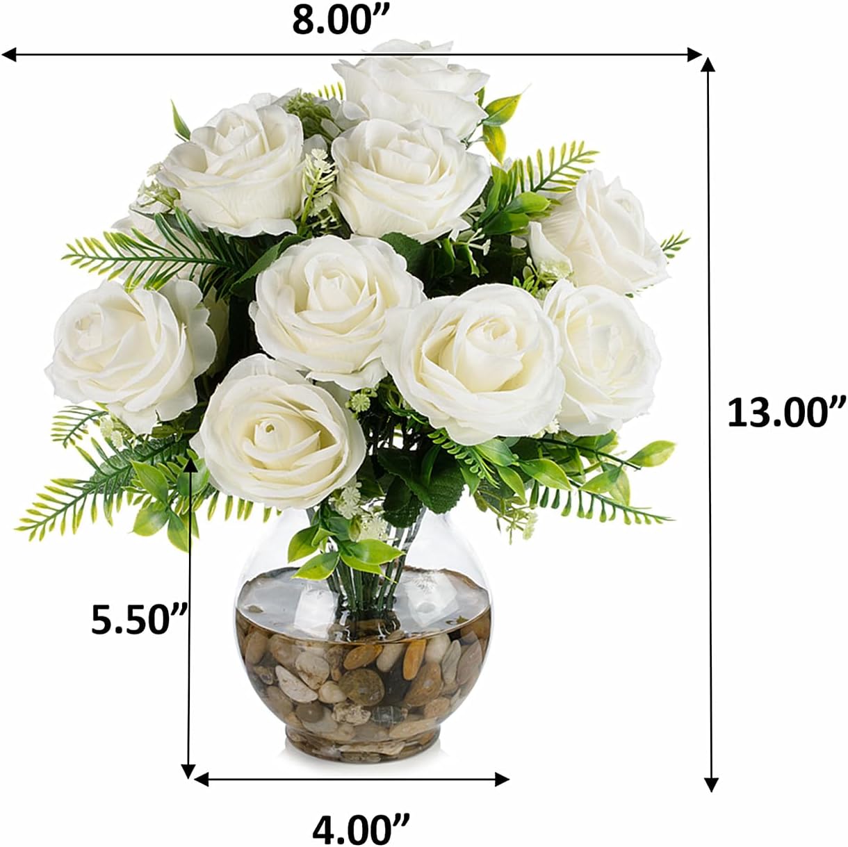 ENOVA FLORAL 18 Heads Silk Rose Artificial Flowers in Vase,Faux Rose Flowers Arrangement in Round Bowl Vase with Faux Water and River Rock for Table Decor Centerpieces (Cream)