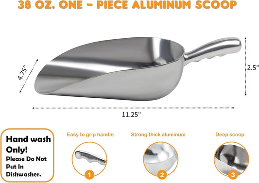 Cast Aluminum Utility Scoop - 38 oz. - Round Bottom, ice scoop For Multi-Purpose Use, With Finger Groove Handle (38 oz.)