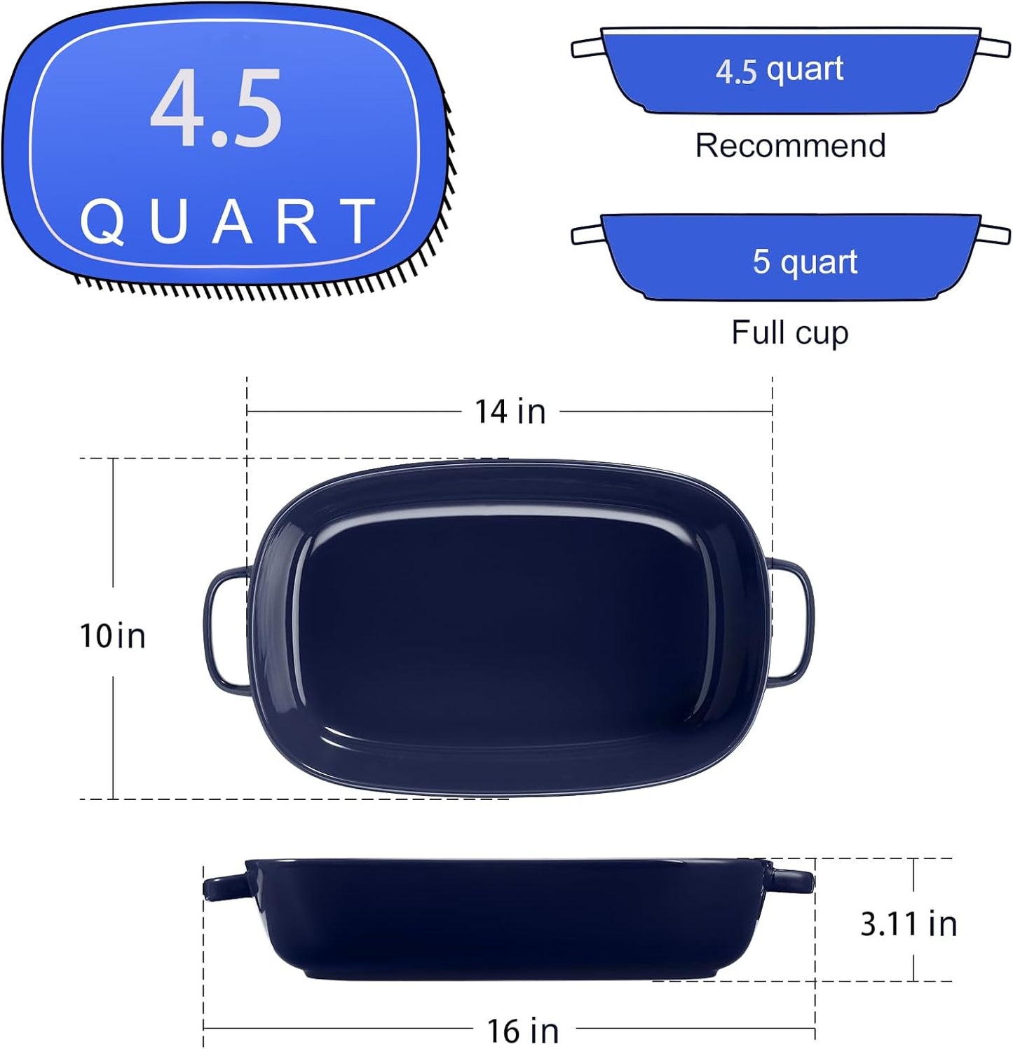 4.5 Quart Ceramic Baking Dish,Serving Bakeware for Casserole,Lasagna,Gratin,Broiling,Roasting,and Baking.Large Deep 14x10x3.11 inches Pan,Safe for Oven Microwave Refrigerator Disinfection Cabinet and