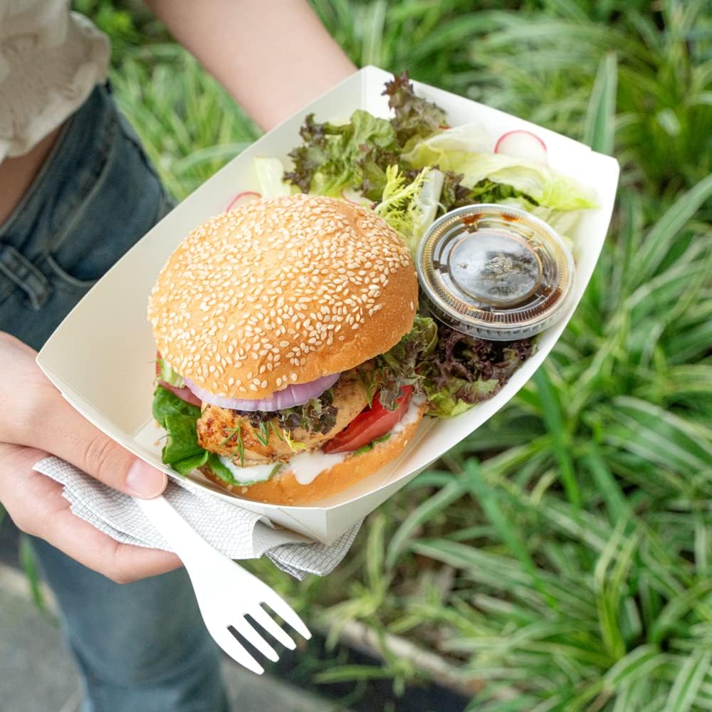 Restaurantware Bio Tek 2 Pound Food Boats 50 Disposable Paper Food Trays - Heavy-Duty Greaseproof White Paper Boats For Snacks Appetizers Or Treats Use At Parties Or Carnivals