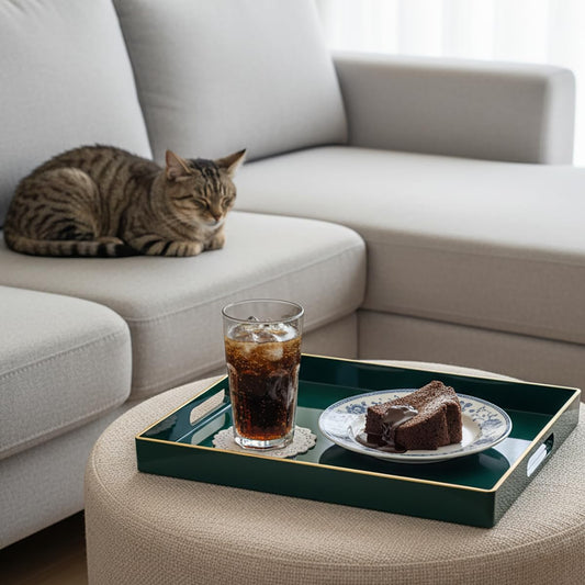 Zosenley Decorative Tray, Rectangular Plastic Tray with Handles, Modern Vanity Tray and Serving Tray for Bathroom, Kitchen, Ottoman and Coffee Table, 15.6” x 10.2” (Dark Green)