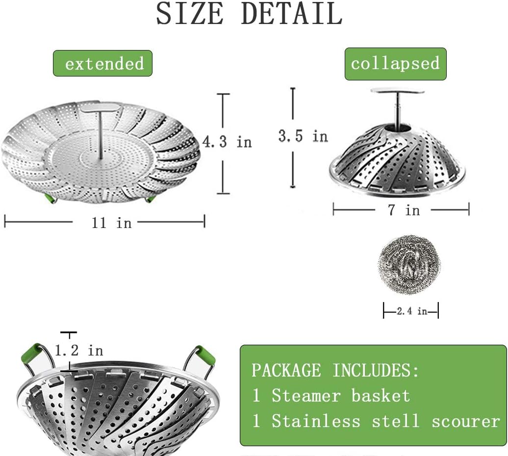 Steamer Basket, Veggie Steamer Basket for Cooking Stainless Steel Folding Vegetable Steamer Insert with Extending Removable Center Handle Expandable to Fit Various Size Pot(7" to 11")