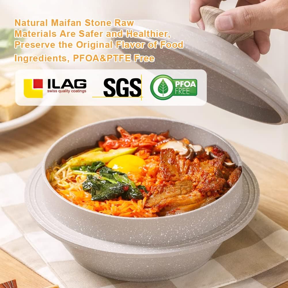 Korean Dutch Oven, Rice Pot, 7.9 in Enameled Cast Aluminum Pot with Lid, Korean Stone Bowl for Induction, White