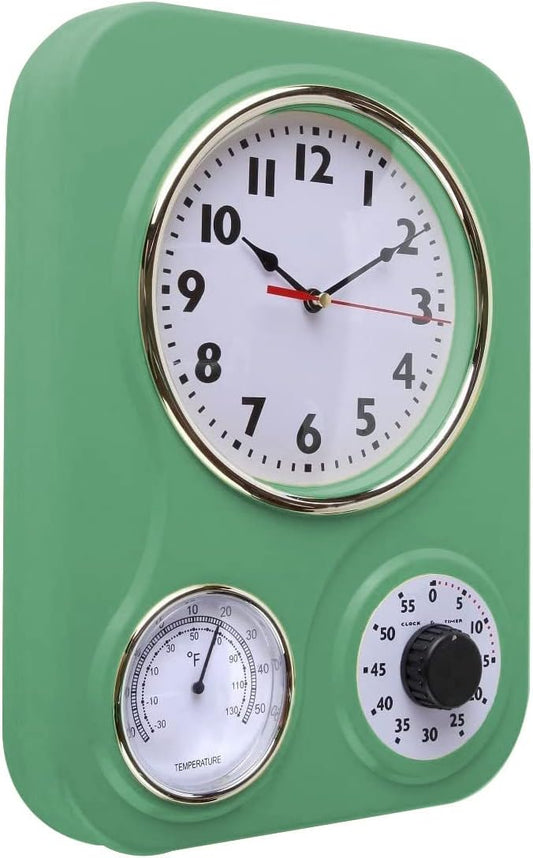 Lily's Home -9.5 Inch x 12.5 Inch - Retro Kitchen Wall Clock, Vintage Wall Clock with a Thermometer and 60-Minute Timer, Ideal for Any Kitchen, Office, or Diner (Retro Green)