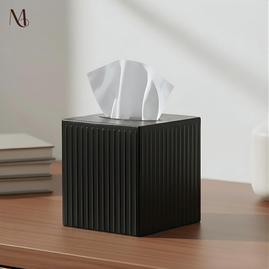 Monarch Abode Tissue Box Cover Square – Handcrafted Ridge Embossed Black Metal Tissue Holder Box for Bathroom Accessory, Aesthetic Decorative Facial Napkin Cube for Modern Home Decor
