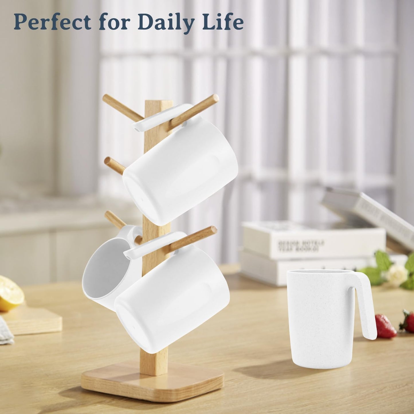 Wrova Wheat Straw Cups with Handles 16oz -Plastic Cups Reusable Set of 6-Unbreakable Coffee Mugs- Microwave & Dishwasher Safe Mug-Ideal Plastic Mugs for Tea,Coffee,Camping,RV-White