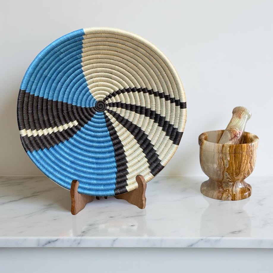 Handwoven African Basket Handmade sisal Fruit Bowl Wall Hanging decorative Baskets for Home Living Room Kitchen Centerpiece Zen Designs Arts and Crafts (Blue Black Abstract Swirl, 8in diameter)