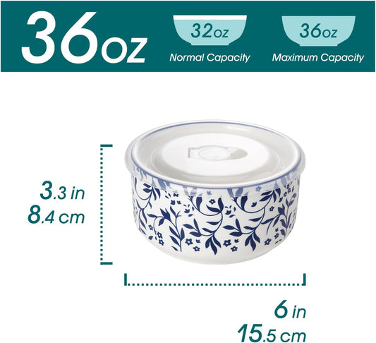 vancasso 36 Oz Ceramic Serving Bowls with Lids Set of 4, Porcelain Lunch Bowls with Lids for Food Storage, Prep Bowl for Kitchen, Microwave & Dishwasher Safe,Series SELENE