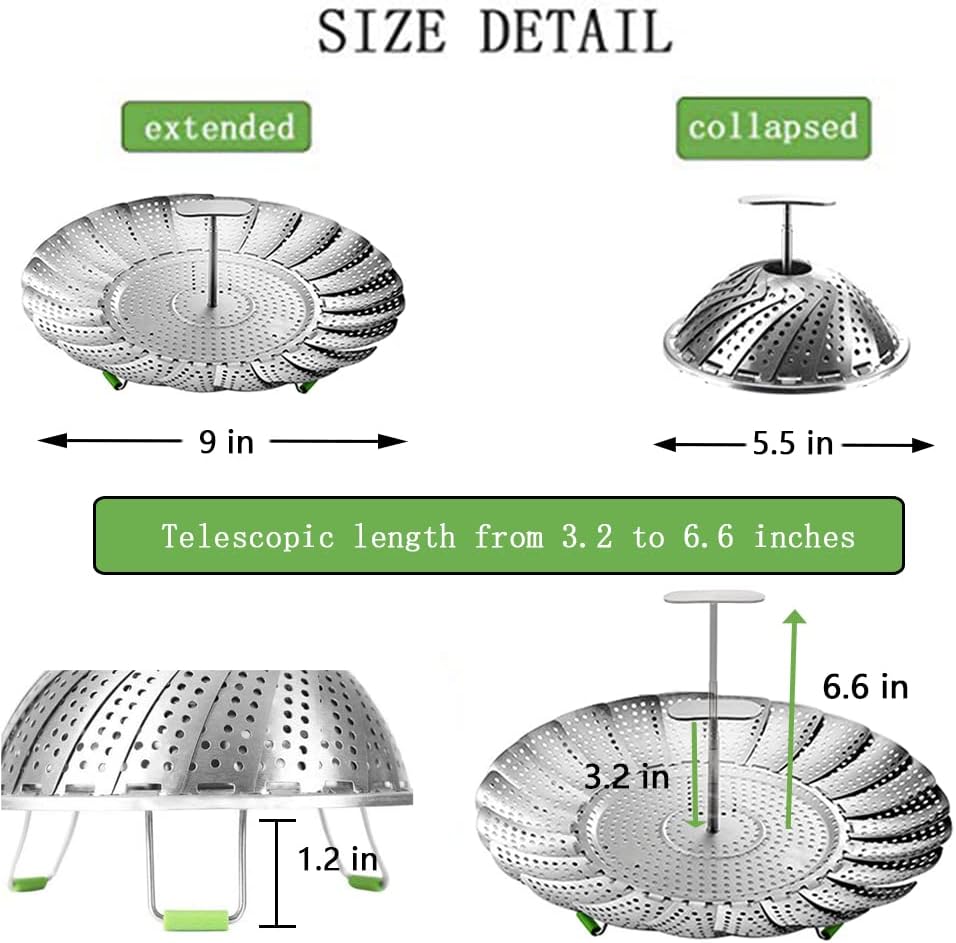 Steamer Basket, Veggie Steamer Basket for Cooking Stainless Steel Folding Vegetable Steamer Insert with Extending Removable Center Handle Expandable to Fit Various Size Pot(5.5" to 9")