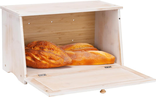 HOMEKOKO Vintage Large Wood Bread Box for Kitchen Counter, Retro Design Single Layer Bamboo Large Capacity Food Storage Bin (White)