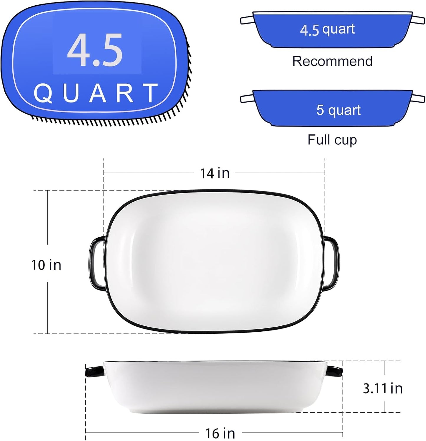 4.5 Quart Ceramic Baking Dish,Serving Bakeware for Casserole,Lasagna,Gratin,Broiling,Roasting,and Baking.Large Deep 14x10x3.11 inches Pan,Safe for Oven Microwave Refrigerator Disinfection Cabinet and