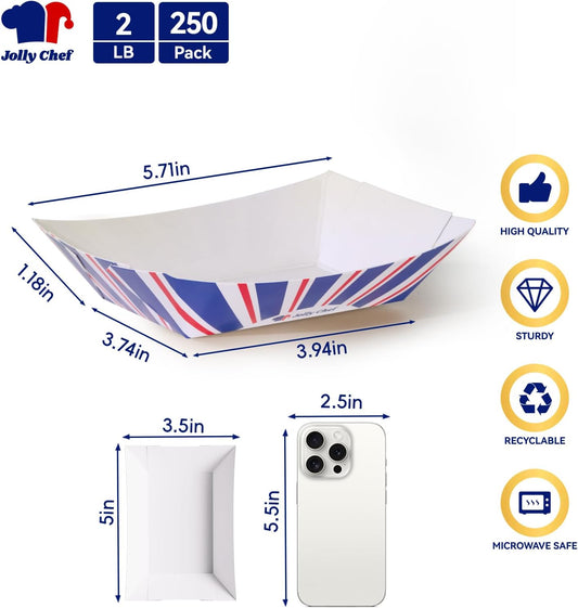JOLLY CHEF 2lb Paper Food Trays, 250 Pack Paper Food Boats Disposable Serving Boats,Food Holder Trays for Snacks French Fries Nachos Hot Dog Tacos BBQ Party