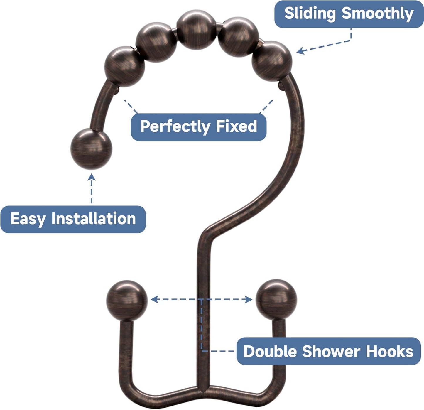 Titanker Shower Curtain Hooks Rings, Rust Resistant Metal Double Glide Shower Hooks Rings for Bathroom Shower Rods Curtains, Set of 24 Hooks - Bronze
