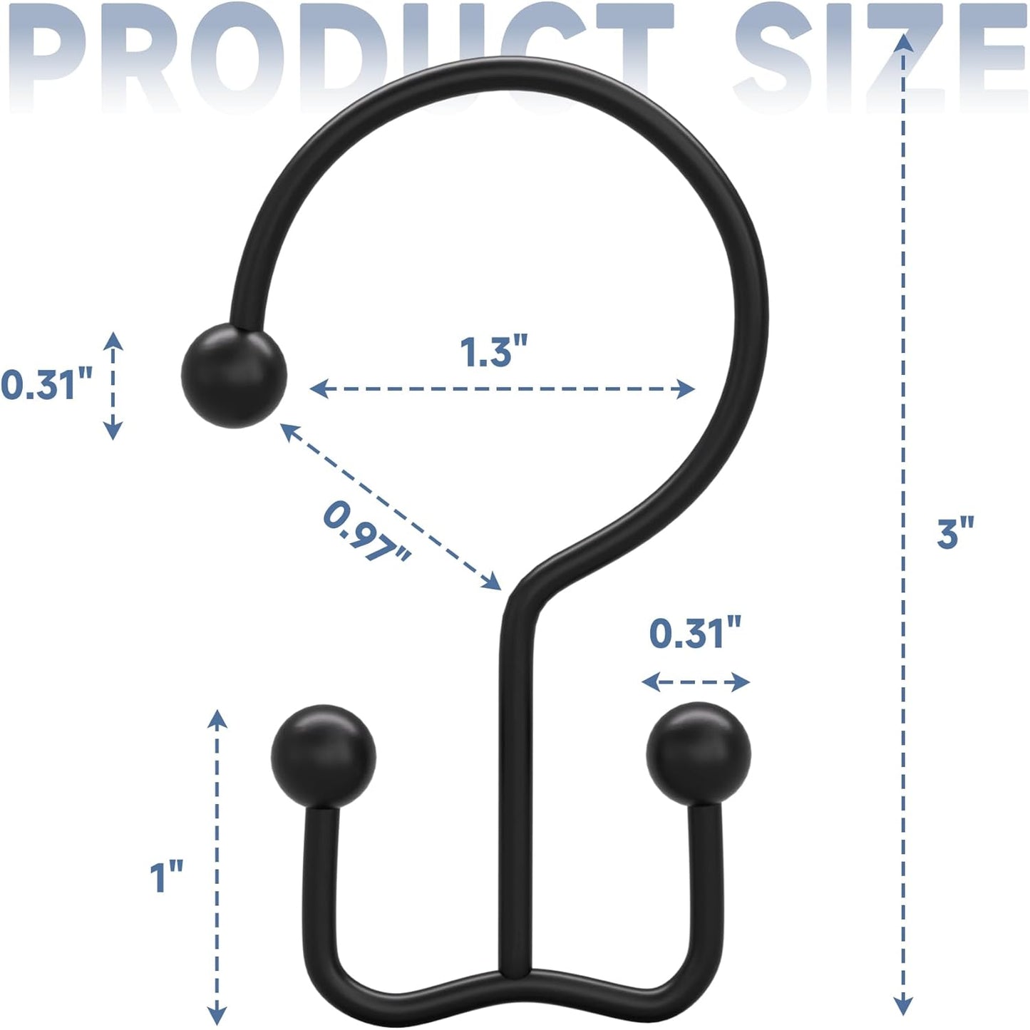 Titanker Shower Curtain Hooks Black, Minimalist Simple Double Glide Shower Curtain Rings, Rust Proof Metal Shower Hooks Rings for Bathroom Shower Rods Curtains, Set of 12 Hooks