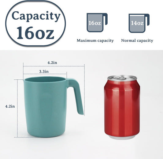 Wrova 16oz Wheat Straw Cups with handles set of 6-Plastic Cups Reusable-Unbreakable Kids Mugs-Dishwasher Safe & Microwave Safe-Ideal Plastic Mugs for Tea,Coffee,Camping,RV-Green