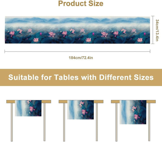 Chinoiserie Vintage Table Runner, Asian Landscape Mountain Fall Seasonal House Wash Lotus Trees Kitchen Dining Table Decoration for Home Party Decor 13x120 Inch