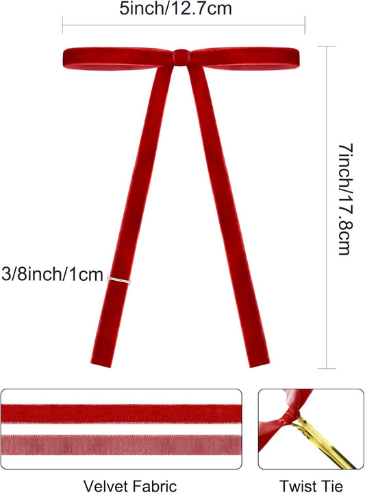 SIMISI RIBBON 24Pcs Red Christmas Velvet Ribbon Bows Decorations Xmas Ornaments Vintage Decor for Tree, Wreath, Garland (3/8'' Width, 5 * 7 inch)