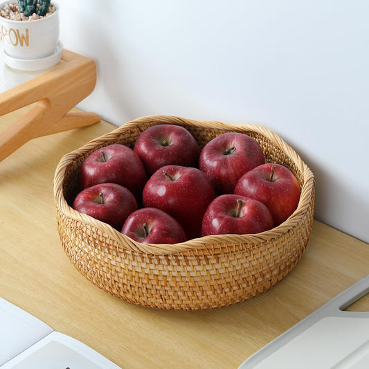 Rattan Scalloped Bread Basket, Round Fruit Baskets, Wicker Storage Bowls, Natural Woven Serving Basket Bowls, Decorative Baskets for Kitchen Counter Organizing, 1 PCS, 11.2 x 11.2 x 3.9 inches