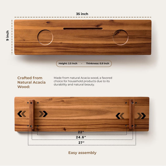 Tinamo Acacia Bathtub Caddy Tray Table | 35x9 Inch Large Bath Tub Tray Wooden | Anti-Tipping, Sustainable Tub Tray for Bathtub | Bathtub Accessories Holders for Bathtub (Acacia, 35x9)