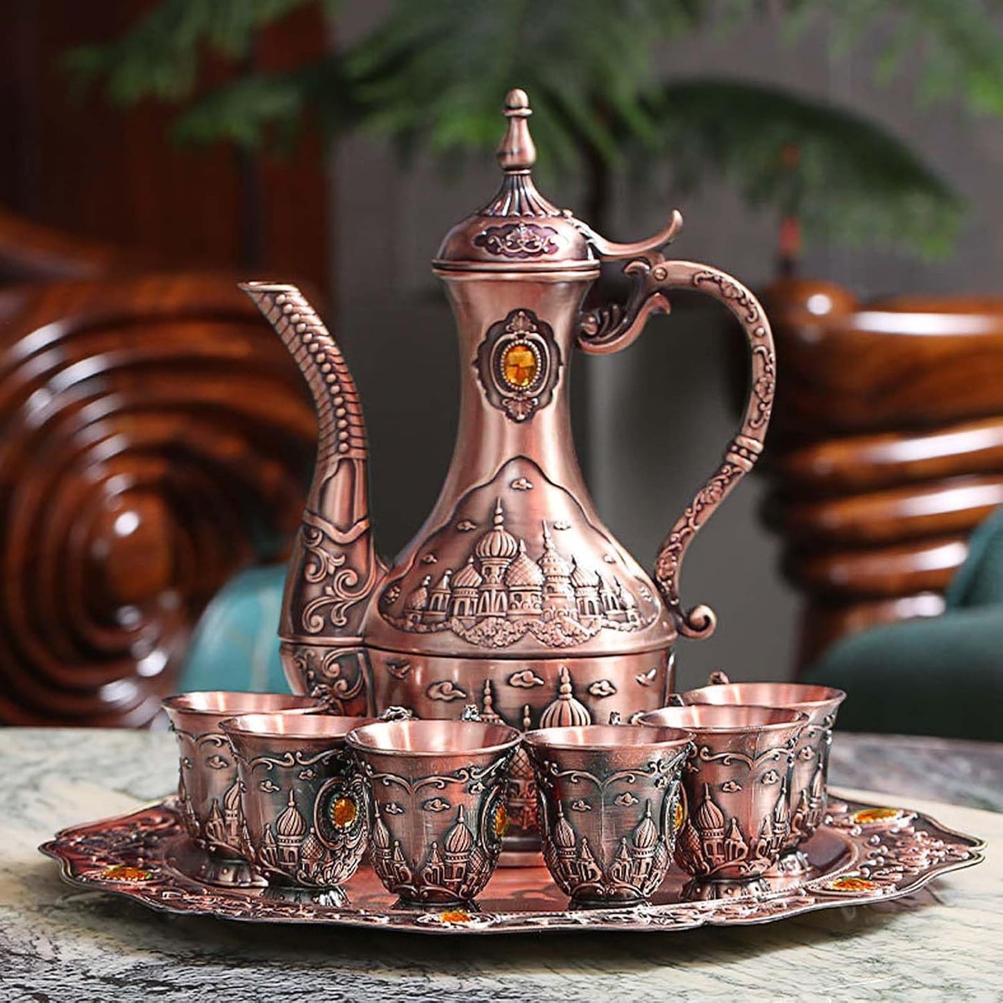 Vintage Turkish Coffee Pot Set for 6 Including Tray and Teapot,Metal Cups,Teapot and Cup Set for One,Tea Service Set for Home Tea Table Decor,Wedding Ornaments(Copper)
