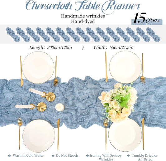 15 Packs Cheesecloth Table Runner Dusty Blue,10 Ft Blue Rustic Gauze Boho Wedding Table Runner Decoration,Wedding Table Decor Table Cloth for Wedding Party Bridal Shower Table,21.5x120in
