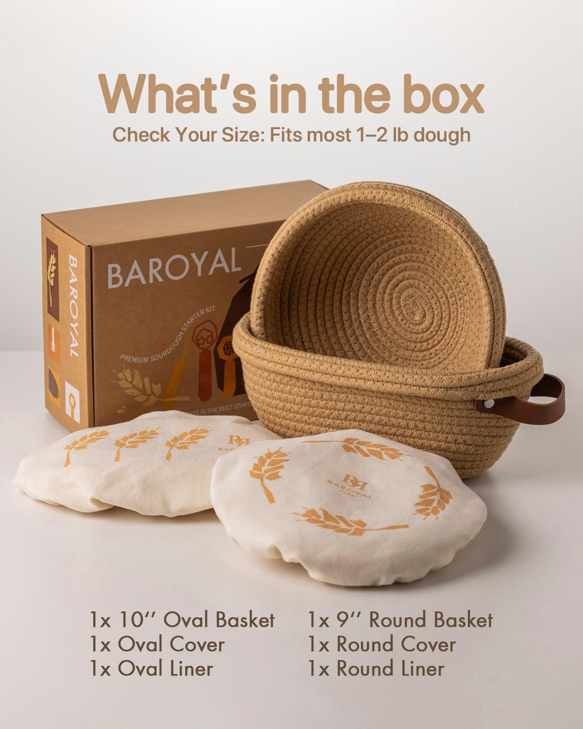 Crispier Crust Cotton Rope Banneton Bread Proofing Basket Set, Oval & Round Bread Baskets with Liners & Covers for Artisan Bread Baking, Sourdough Bread Baking Supplies(Brown)