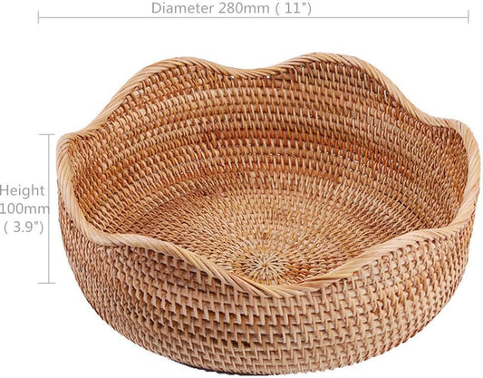 Handmade Rattan Round Fruit Basket Food Storage Bowls Kitchen Organizer Snack Serving Bowl, 11 Inch Boho Wicker Bread Bowl Woven Basket Décor for Nuts with 3”Side and Wavy Edge (Large 11")