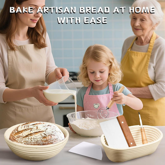 Banneton Bread Proofing Basket - Banneton Basket Set Sourdough Proofing Basket Round Proofing Bowls Handmade Rattan Baskets and Liners (Oval & Round Gift Set)