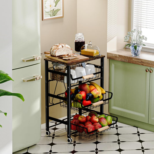 JAQ Fruit Vegetables Carts, 4-tier Slide out Metal Storage Baskets Stand Organizers with Wood Top and Handle on Rolling Wheels for Onions in Kitchen Pantry Fruteros Para Cocina -(Black, 4 Layer)