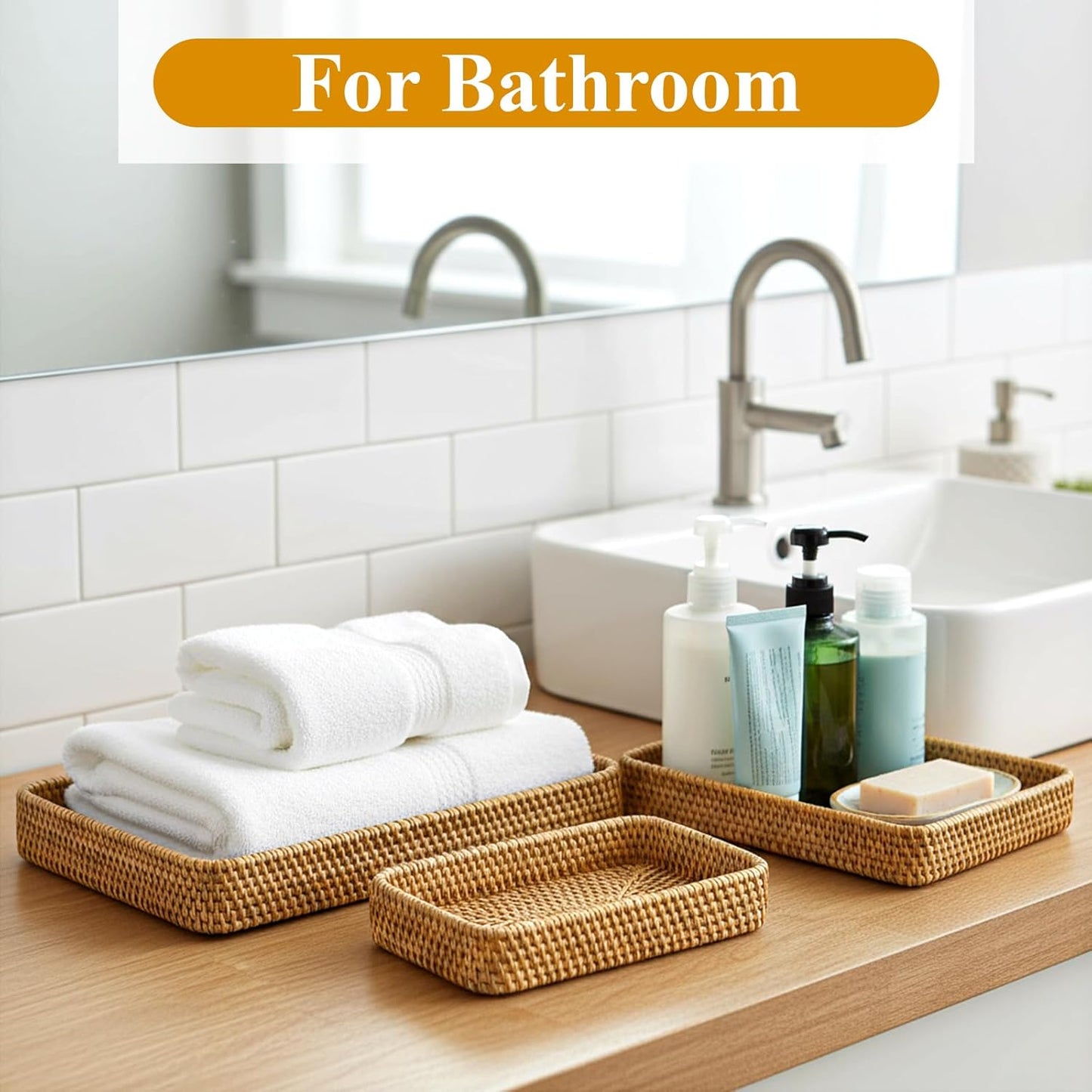 3 Pack Rattan Serving Tray, Woven Rectangular Storage Baskets, Natural Wicker Decorative Serving Baskets, Natural Woven Tray for Home Decor, Bathroom, Kitchen Counter