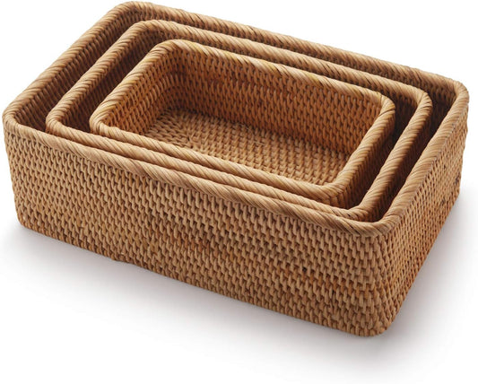 Natural Rattan Fruit Storage Baskets Rectangular Woven Wicker Box for Key Holder Remote Stackable Natural Set of 3